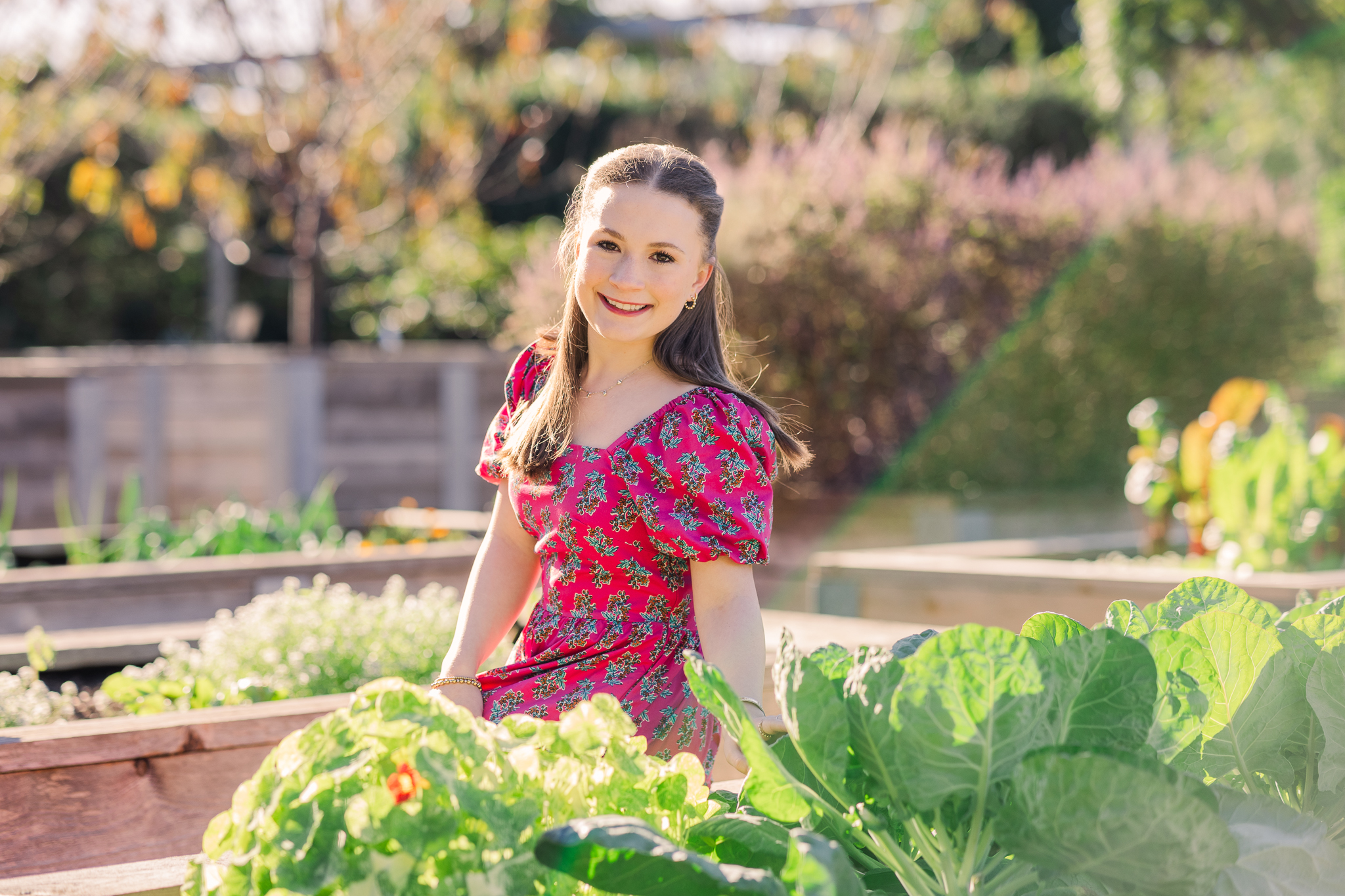 High school senior girl in pink dress smiles among garden lettuces with sun flare coming in